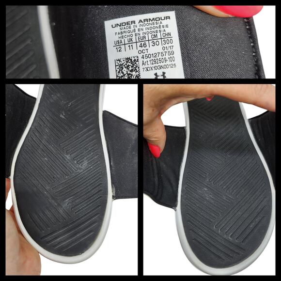 Under Armour Slides Mens 12 Sandals White Black Silver Metallic Ignite Comfort - Picture 12 of 13